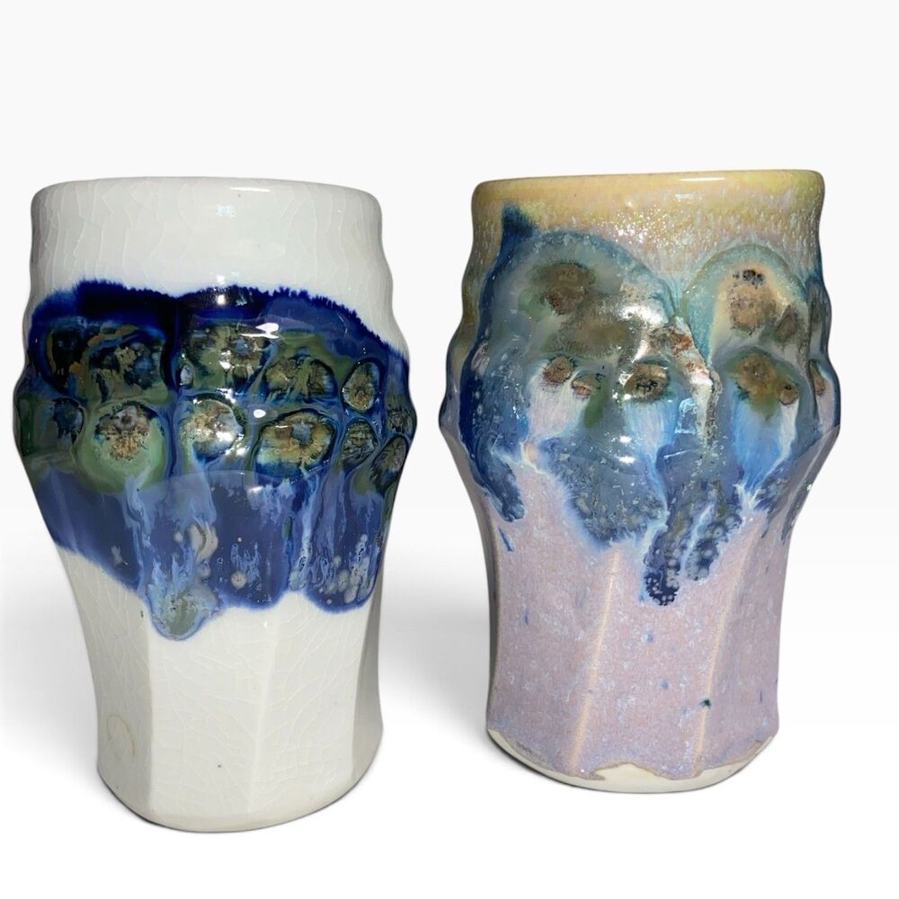 VTG Phil Mayhew Set Of 2 Tumblers Blue/ Multi Pottery Glazed Signed